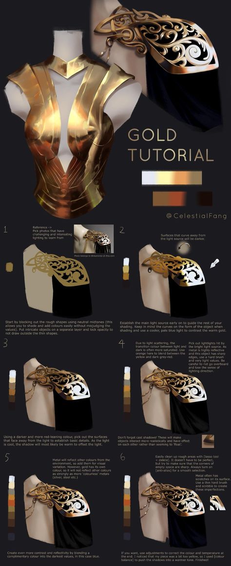 Celestial Fang on Twitter: "Gold tutorial and study ✨ #イラスト #art #illustration #conceptart #arttutorial #artistsontwitter… " Celestial Fang, Gold Tutorial, Ghost Blade, Digital Painting Techniques, Coloring Tips, Coloring Tutorial, Poses References, Digital Painting Tutorials, Drawing Clothes