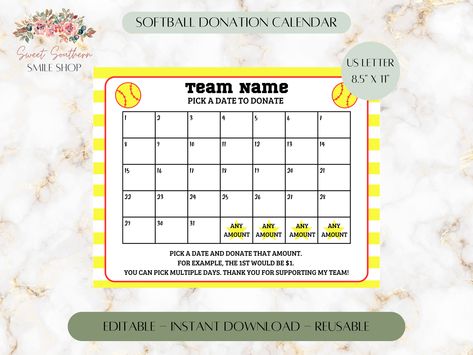 Softball Printables, Spelling Bee Certificates Free Printable, Softball Team Names Youth, Softball Calendar Fundraiser, Softball Team Names, Editable Calendar, Have A Blessed Day, Calendar Printables, Team Names