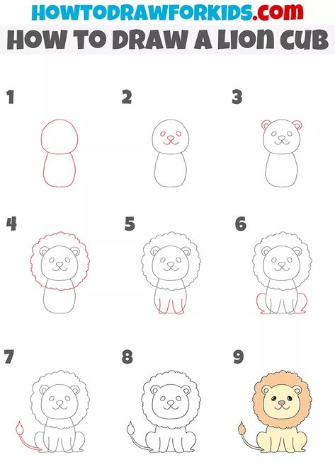 Draw Lion Easy For Kids, Cartoon Lion Drawing Easy, How To Draw A Lion Easy, Zoo Drawing For Kids Easy, Lion Easy Drawing, Lion Cub Drawing, Lion Drawing Easy, Lions For Kids, Lion Drawing Simple