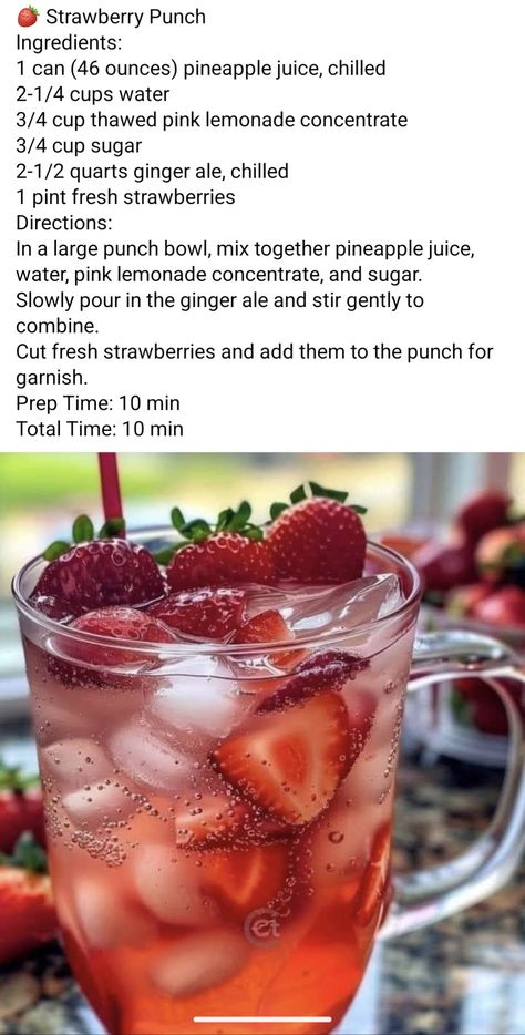 Summertime Punch, Acholic Drinks, Strawberry Punch, Party Punches, Summer Punch, Fun Drink Recipe, Fruit Smoothie Recipes Healthy, Easy Coffee Recipes, Punch Drinks