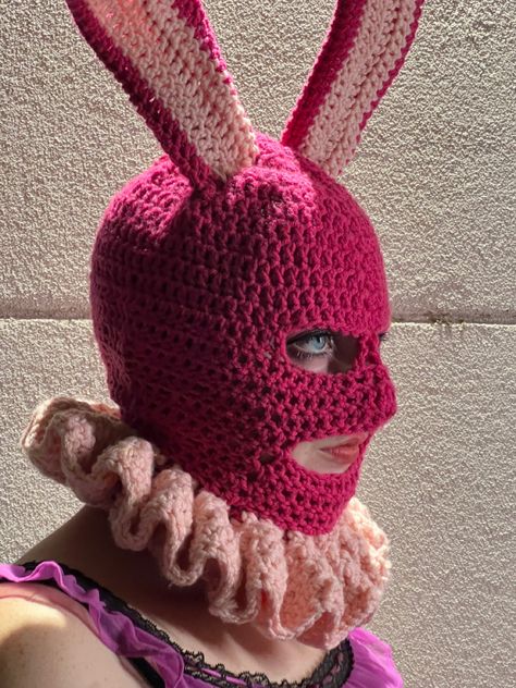 Pink Ski Mask, Bunny Balaclava, Hyper Pop, Bunny Mask, Emo Stuff, Rabbit Head, Crochet Rabbit, Animal Masks, Club Kids