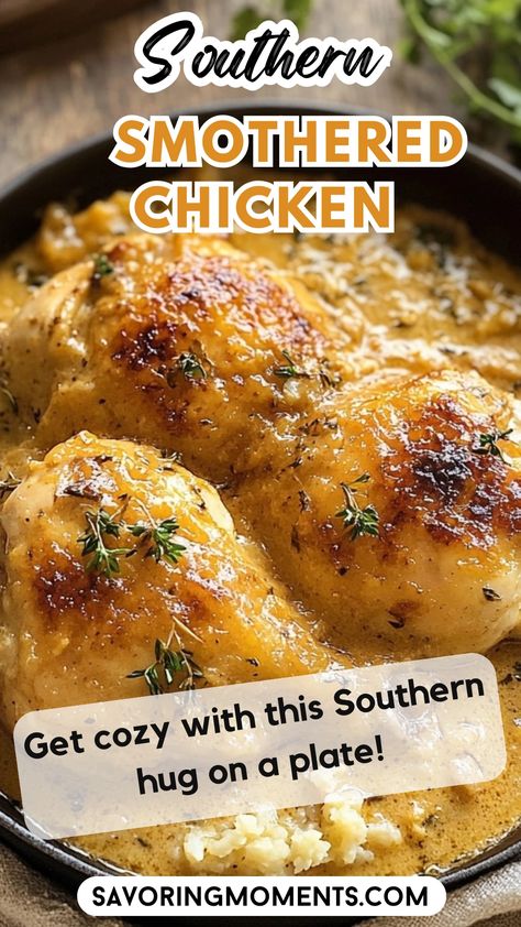 Tender chicken thighs simmered in a rich, creamy gravy with onions and garlic, creating a mouthwatering Southern classic. Comfort food at its best, perfect for family dinners or cozy nights in. Craving something new? Get the recipe here. #southernchicken #comfortfood #smotheredchicken #chickenrecipe #southernrecipes #homemadegravy #easychickenrecipes #chickendinner #weeknightmeals #soulfood Traditional Southern Recipes, Southern Casserole Recipes, Smothered Fried Chicken, Southern Dinner Ideas, Southern Cooking Soul Food, Southern Smothered Chicken, Smothered Chicken Recipes, Cooking Soul Food, Southern Foods