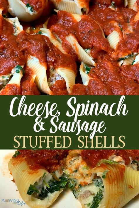 Cheesy Stuffed Shells, Stuffed Shells With Spinach, Sausage Stuffed Shells, Stuffed Shells With Meat, Meals To Make At Home, Spinach Sausage, Spinach Mozzarella, Quick Meals To Make, Shell Pasta Recipes