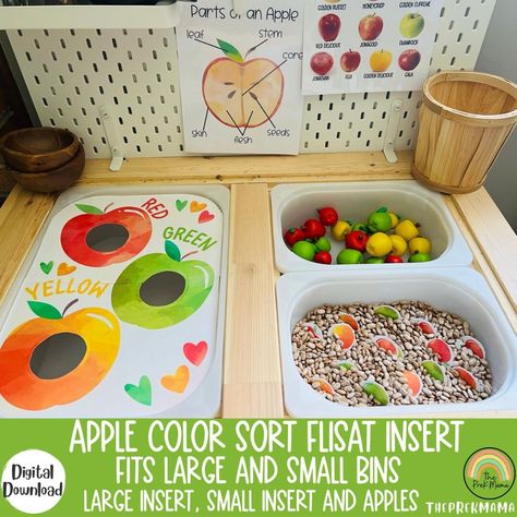 Table Insert Ideas, Sensory Table Activities Preschool, Sensory Table For One Year Old, Fall Flisat Table, Sensory Table Inserts, Diy Flisat Insert, Fall Sensory Table Ideas, Apple Sensory Bin Preschool, Fall Sensory Bin Toddlers