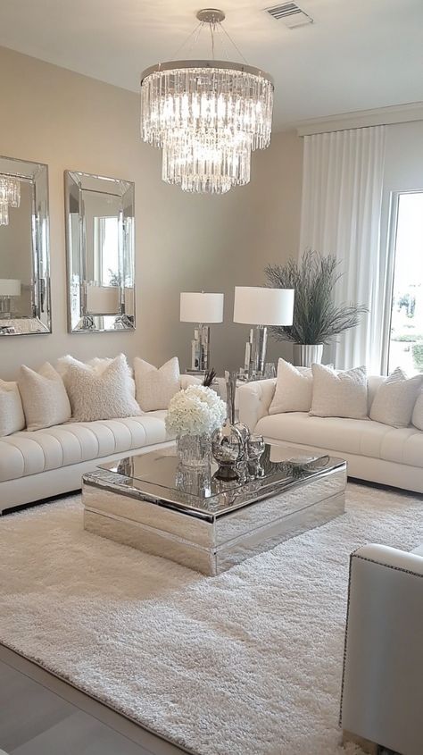 Cream White Living Room Ideas, Creme Living Room Decor, Glamorous Living Room Ideas, Lux Living Room Designs, Neutral Home Decor Ideas, Living Room Decor High Ceilings, White Aesthetic Living Room, Aesthetic Small Living Room, White And Silver Living Room