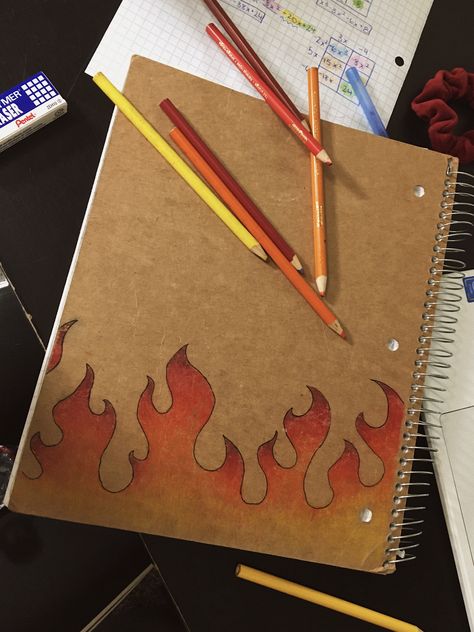 Aesthetic Fire Drawing, Back Of Notebook Drawing, Aesthetic Notebook Drawings, Things To Draw On Notebook Cover, Cover Drawings Sketchbook, Aesthetic Notebook Cover Design Diy, Drawing On Notebook Cover, Fire Aesthetic Drawing, Scetches Notebook Aesthetic