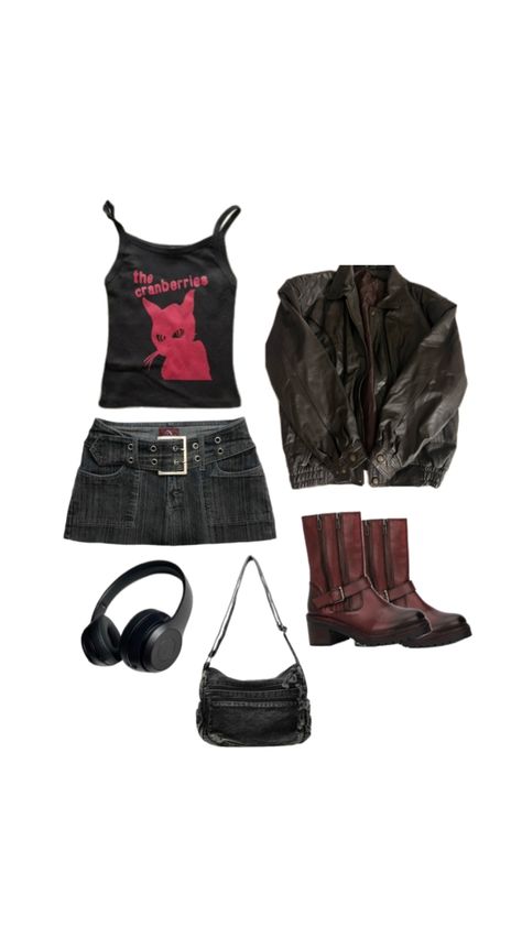 rockstar girlfriend aesthetic, mini skirt, leather jacket, boots, band tee Mini Skirt Leather Jacket, Aesthetic Mini Skirt, Rockstar Girlfriend Aesthetic, Girlfriend Aesthetic, Rockstar Girlfriend, Rockstar Gf, Downtown Outfits, Teen Fashion Outfits, Retro Outfits