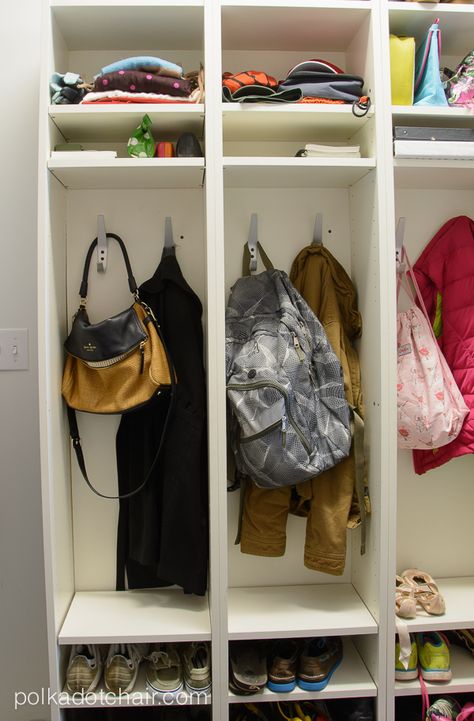 Mudroom Lockers made from IKEA Bookcases - IKEA Hack Diy Entry Way Storage, Mud Room Ikea Ideas, 16 Cube Organizer Ideas, Ikea Locker, Mudroom Hack, Bookcases Ikea, Ikea Lockers, Ikea Expedit Hack, Ikea Mud Room