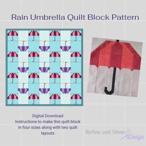 Rainy Day Umbrella Quilt Block PDF Pattern - Etsy Canada Umbrella Quilt Block, Patchwork Umbrella, Umbrella Quilt, Rainy Day Umbrella, Seasonal Quilts, Quilt Layouts, Month Ideas, Spring Quilts, Rain Umbrella