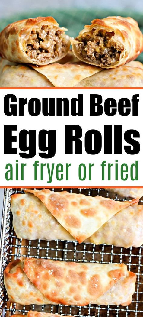 Ground beef egg rolls are cheap and can be fried or cooked in your air fryer too! Add cheese for an ooey gooey cheeseburger egg roll meal too. #cheeseburgereggrolls #eggrolls #airfryereggrolls #groundbeefeggrolls Ground Beef Egg Rolls Air Fryer, Cheeseburger Eggrolls Air Fryer, Air Fryer Ground Beef Recipes, Ground Beef Egg Rolls, Beef Egg Rolls, Cheeseburger Egg Rolls, Hamburger Rolls, Airfryer Recipes, Egg Roll Recipes