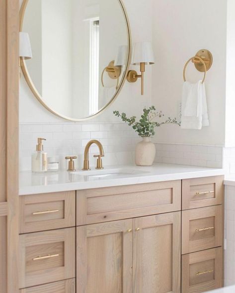 2024 Color Palette, Gold Bathroom Fixtures, Jade Design, Oak Bathroom, Primary Bath, Wood Bathroom Vanity, Bathroom Redesign, Master Bath Remodel, 2024 Color