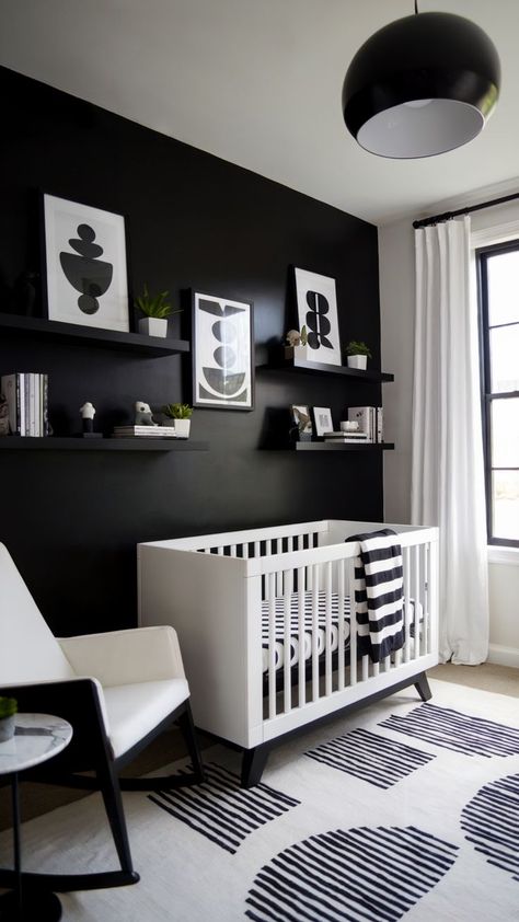 Sleek monochrome baby nursery with black accent wall, modern decor, and geometric rug Baby Nursery Aesthetic, Boy Nursery Inspiration, Boy Baby Nursery, Baby Boy Nursery Ideas, Boy Nursery Design, Nursery Inspiration Boy, Boy Nursery Ideas, Stylish Baby Boy, Nursery Idea