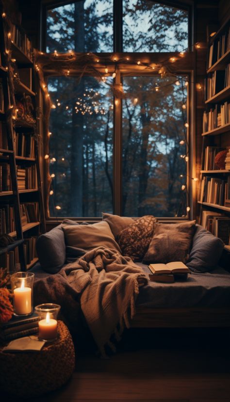 Moody Reading Nook, Reading Cabin, Tan Flooring, Cozy Fall Aesthetic Wallpaper, Earthy Living Rooms, Cosy Reading Nook, Aesthetic Living Room Decor, Moody Rustic, Fall Aesthetic Wallpaper