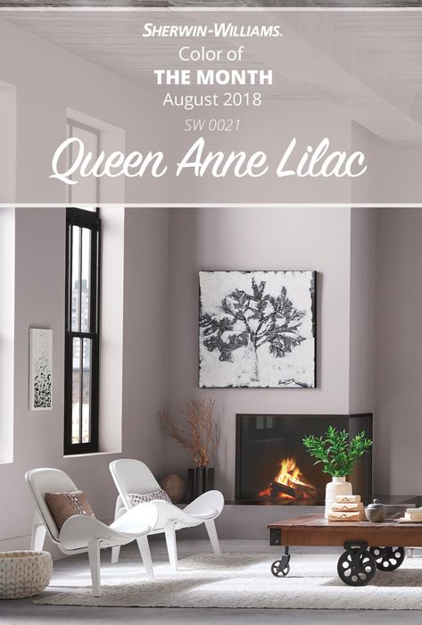 Brace yourself for the most royal of colors, Queen Anne Lilac SW 0021. The August Color of the Month is a sophisticated neutral that carries enough color to brighten any room. Click through to learn more about this gorgeous Sherwin-Williams hue. Sherwin Williams Lilac Paint Colors, Neutral Purple Paint, Queen Anne Lilac, Brace Colors, Neutral Purple, Basement Paint Colors, Purple Paint Colors, House Basement, Houston Apartment