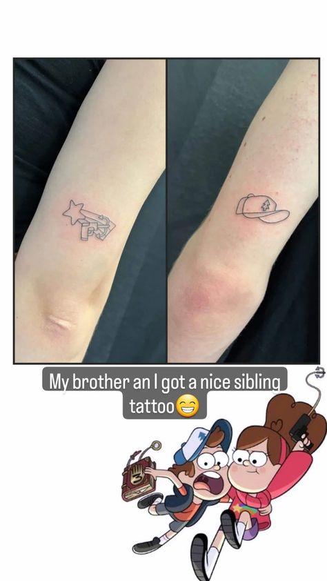 Dipper And Mabel Tattoo Ideas, Opposite Sibling Tattoo, Gravity Falls Tatoos Ideas, Cool Matching Sibling Tattoos, Gravity Falls Dipper Tattoo, Brother Sister Tattoo Pokemon, Gravity Falls Sibling Tattoo, Twin Sibling Tattoos, Cute Twin Tattoos