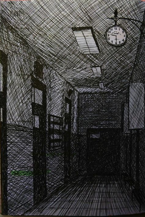 Horror Composition Drawing, Hospital Horror Art, Creepy Backgrounds Drawing, Creepy Room Drawing, Backroom Drawing, Creepy Hallway Drawing, Backrooms Drawing, Creepy House Drawing, Dark Room Drawing