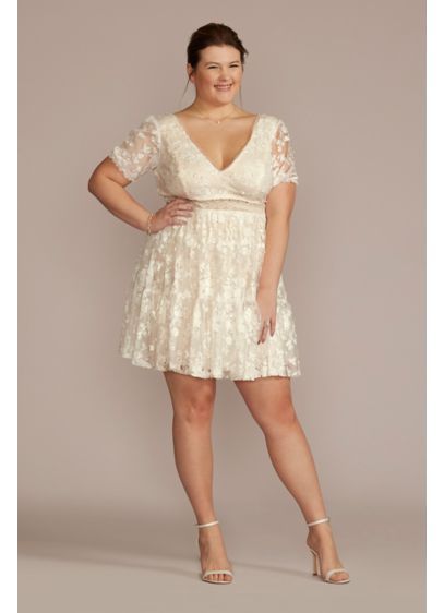 3D Floral Lace V-Neck Short Plus Size Dress 9SDWG1049 Davids Bridal Plus Size, Wedding Shower Dress, Shower Dress For Bride, Short Dress Styles, Davids Bridal Dresses, Short Lace Dress, Bridal Shower Dress, Shower Dresses, White Floral Dress