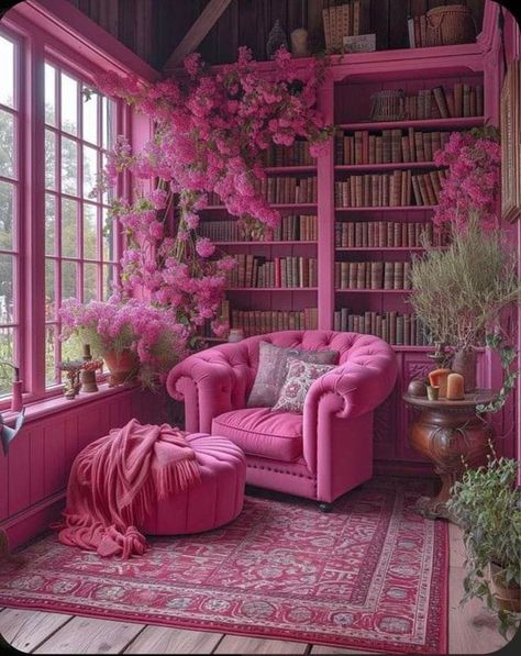 Pink Beach House, Pink Furniture, English Country Style, Barbie Dream House, Pink Houses, Pink Room, Cozy Reading Nook, Home Library, Dream House Decor