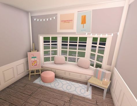 Bloxburg Front Door Ideas Aesthetic, Cute Room Bloxburg, Bloxburg Entryway Ideas Aesthetic, Bloxburg Teen Room Ideas Aesthetic, Bloxburg Window Seat, Bloxburg Kids Playroom Ideas, Bloxburg Small Living Room Ideas, Bloxburg Room Ideas No Gamepasses, Aesthetic Bloxburg Interior