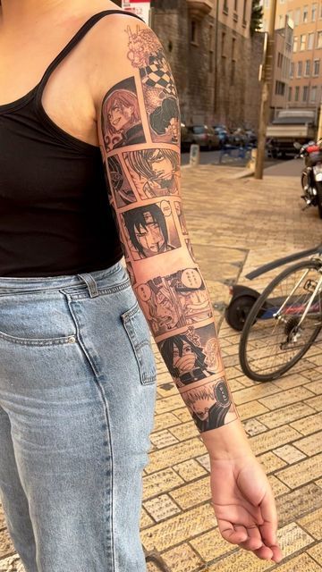 Anime Tattoo Sleeve Women, Arm Sleeve Tattoos Anime, Manga Tattoo Sleeve, Anime Arm Tattoo Sleeve, Manga Strip Tattoo, Anime Sleeve Tattoos For Women, Tattoo Manga Mujer, Anime Half Sleeve Tattoo, Anime Tattoos Arm