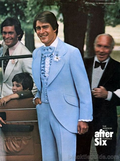 http://www.blacktieguide.com/Quick_Guide/Quick_Guide_2.htm Mens wedding tuxedo. Formal Wear 1970s 80s Prom Men, 1970s Mens Suit, 70s Prom, 1980s Wedding, Blue Tux, Prom Men, Vintage Outfits Men, 1970s Wedding, 1970s Men