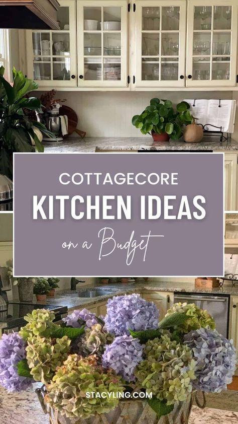 Transform your kitchen into a charming cottagecore haven with these affordable DIY projects and decorating tips.rnrnCottagecore kitchenrnCottagecore décorrnKitchen renovation on a budgetrnDIY kitchen makeoverrnVintage kitchen ideasrnRustic kitchen designrnFarmhouse kitchen stylernKitchen cabinet updaternKitchen countertop ideasrnOpen shelvingrnNatural materialsrnSoft colorsrnFloral accents Cottagecore Kitchen Rental, Cottagecore Kitchen Cabinets, Diy Cottagecore Decor, Cottagecore Kitchen Ideas, Modern Cottage Core, Rustic Cottage Kitchens, Cottage Kitchen Inspiration, French Cottage Kitchen, Cottage Core Kitchen