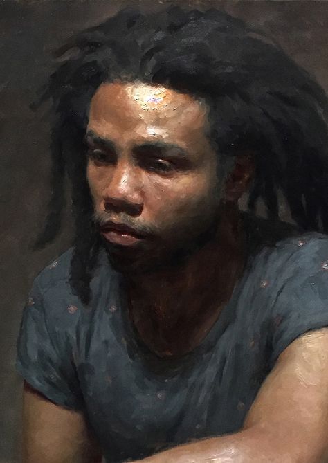 "Lemurian" - Patrick Byrnes (South Korean, b. 1984), oil on panel, 2015 {figurative #impressionist art male head #naturalhair african-american black man face portrait cropped texture painting #loveart} patrickbyrnespaintings.com Oil Portrait, Oil Painting Portrait, Impressionist Art, Male Portrait, African American Art, Portrait Artist, Texture Painting, Figure Painting, Figurative Art