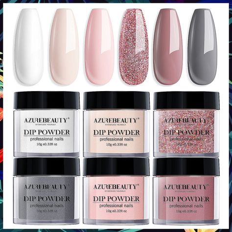 Dip Powder Nail Set, AZUREBEAUTY 6 Colors Classic Nude Collection Skin Tone Glitter Pastel Dipping Powder Starter Kit French Dip Nail Colors, Diy Salon, Dip Manicure, Glitter Manicure, French Nail Art, Manicure Diy, French Nail, Nail Lamp, Dip Powder Nails