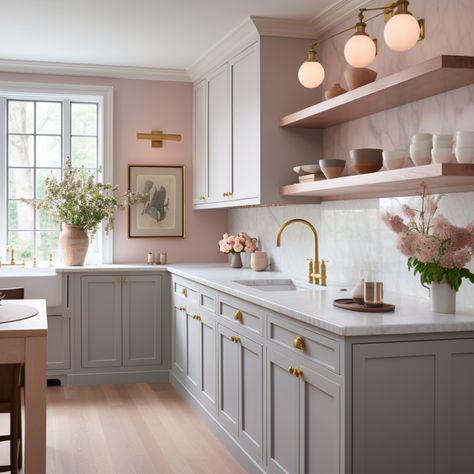 kitchen with gray cabinets pink walls Kitchen Coloured Cabinets, Pink Walls Kitchen Ideas, Rose Kitchen Cabinets, Dusty Pink Kitchen Walls, Dusty Rose Kitchen Cabinets, Grey Kitchen Pink Walls, Beige And Pink Kitchen, Pink Wall Kitchen, Kitchen Wall Colour Ideas Grey Units