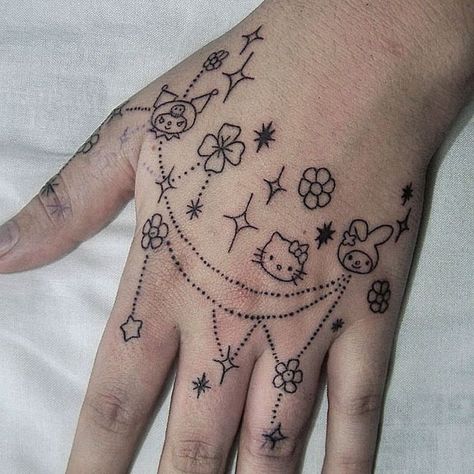 Hand Tattoos For Girls, Cute Hand Tattoos, Hand And Finger Tattoos, Hello Kitty Tattoos, Pretty Hand Tattoos, Pen Tattoo, Sharpie Tattoos, Kawaii Tattoo, Cute Little Tattoos