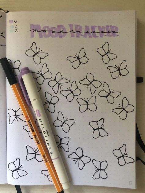 Purple Mood Tracker, Bujo Purple Theme, Mood Tracker Journal Ideas, Bujo January Mood Tracker, Dot Book Journal Ideas, Bullet Journal April Theme, Mood Trackers For Bullet Journal, Butterfly Bujo Theme, Bulett Journal Page Ideas 2023