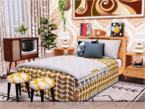 Sims 4 Cc Aesthetic Bed, Sims 4 Vintage Bedroom, Sims 4 Cc Retro Bedroom, Sims 4 Retro Bedroom, Sims 4 Retro Wallpaper, 70s Bed, Sims 4 Cc Sims Resource Beds, 1950s Bedroom, Living Room Sims 4