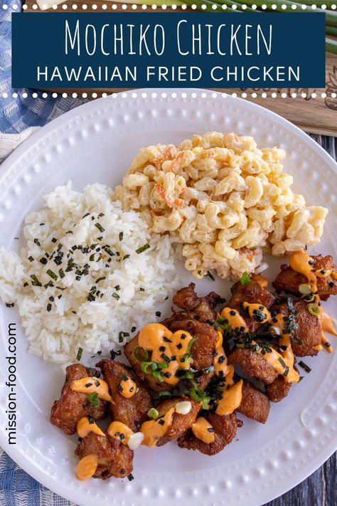 Mochiko Chicken is a popular Hawaiian fried chicken dish made with bite-size pieces of marinated and deep-fried chicken thighs. They’re crispy and flavorful, perfect served just as they are with mac salad and rice, or elevated with a drizzle of gochujang aioli and furikake. Hawaiian Bros Molokai Chicken Recipe, Hawaiian Bros Molokai Chicken, Spicy Hawaiian Chicken, Molokai Chicken, Mochiko Chicken Recipe Hawaii, Chicken Hekka Recipe Hawaii, Hawaiian Fried Chicken, Chicken Hekka Recipe, Gochujang Aioli