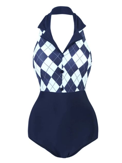 Navy Blue 1930s Halter Plaid One-Piece Swimsuit | Retro Stage Style Vert, Elegant Swimwear, Retro Stage, Retro Bathing Suits, Coverup Swimsuit, In The Navy, Swimsuit For Women, Retro Swimsuit, Standard Dress