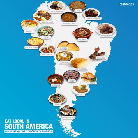 TRADITIONAL SOUTH AMERICAN DISHES  www.tasteatlas.com/south-america Eat local. Taste Atlas, South American Food, America Recipes, South American Dishes, Map Of South America, Food From Different Countries, South American Recipes, New Orleans Recipes, Lomo Saltado