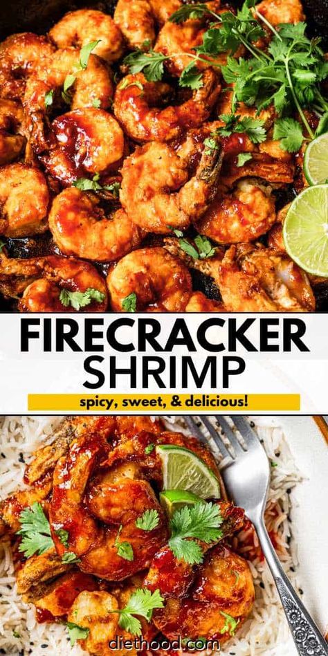 Firecracker shrimp is fried until crispy and then tossed in sweet and fiery firecracker sauce. It's an easy dinner that's ready in 30 minutes! #firecrackershrimp #shrimp #spicy Crispy Dragon Shrimp, Dragon Shrimp, Spicy Shrimp Recipe, Diethood Recipes, Shrimp Sauce Recipes, Firecracker Sauce, Prawn Stir Fry, Firecracker Shrimp, Sweet And Spicy Shrimp