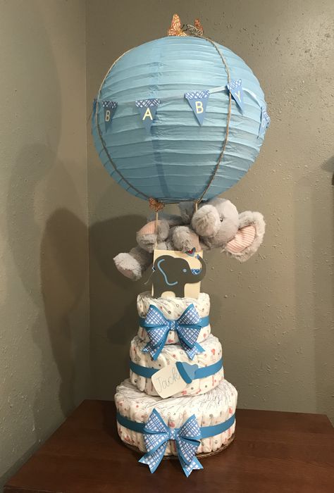 Baby Shower Hot Air Balloon Gift Baskets, Elephant Diaper Cake Boy, Diaper Cakes For Baby Boy, Hot Air Balloon Baby Shower Cake, Boy Baby Shower Gifts, Hot Air Balloon Diaper Cake, Baby Shower Hot Air Balloon, Hot Air Balloon Basket