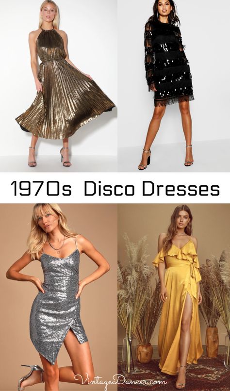 Disco Dress Gold, Disco Dresses For Women, 70s Party Dress 1970s, Fancy Disco Outfit, 70s Gala Dress, Elegant Disco Outfit, 1970s Disco Dress, Disco Funk Outfit 70s Fashion, 1970s Dresses Disco