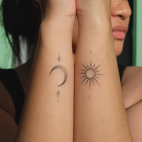 Sun And Moon Tattoo Matching Minimalist, Sun And Moon Tattoo On Hand, Hand Poked Sun Tattoo, Sun And Moon Tattoo On Wrist, Hand Poke Sun Tattoo, Sun Snd Moon Matching Tattoos, Fine Line Sun And Moon Tattoo Matching, Sun And Moon Tattoo Above Knee, Handpoke Sun Tattoo