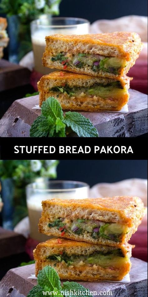 Snacks with bread Bread Pakora Recipes, Snacks With Bread, Spiced Potatoes, Bread Pakora, Stuffed Bread, Pakora Recipes, Bread Snacks, Chickpea Flour, Breakfast Brunch Recipes