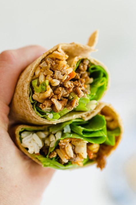 Easy Asian Chicken Wraps {Quick and Healthy} - Thriving Home Chicken Tortilla Wraps, Easy Asian Chicken, Asian Chicken Wraps, Asian Lettuce Wraps, Thriving Home, Healthy Freezer Meals, Chicken Wrap, Ground Chicken Recipes, Easy Asian