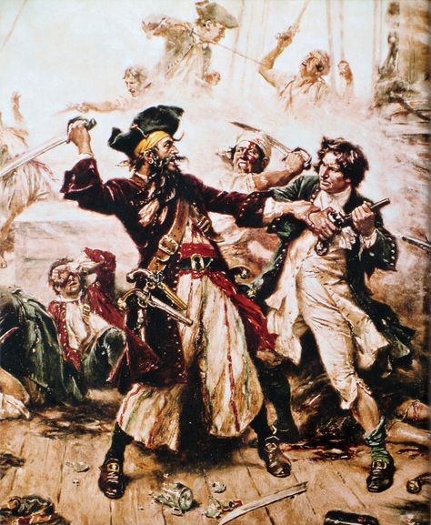 'Capture of the Pirate, Blackbeard, 1718 depicting the battle between Blackbeard the Pirate and Lieutenant Maynard in Ocracoke Bay' (1920) by Jean Leon Gerome Ferris (1863-1930) Famous Pirates, Golden Age Of Piracy, Monkey Island, Pirate Art, Pirate Day, Bridgetown, The Pirates, Pirate Life, Treasure Island