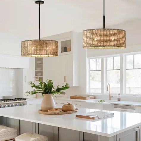 Rattan Pendant Light Hallway, Seagrass Pendant Light, Coastal Farmhouse Lighting, Wicker Kitchen, Rattan Kitchen, Beach House Lighting, Rattan Light Fixture, Lights Kitchen, Coastal Lighting