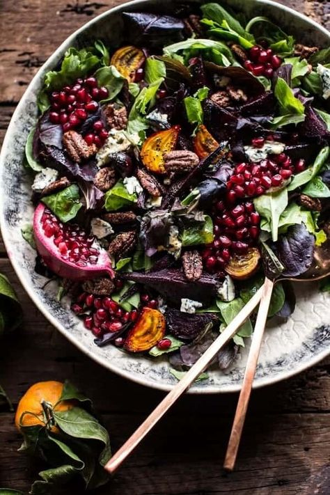 Winter Beet and Pomegranate Salad with Maple Candied Pecans + Balsamic Citrus Dressing - simple flavors, yet so delicious! From halfbakedharvest.com Pomegranite Salad, Weston Price Diet, Pomegranate Kale Salad, Pomegranate Recipes Salad, Salad With Beets, Pomegranate Dressing, Winter Salad Recipes, Pomegranate Recipes, Beet Salad Recipes