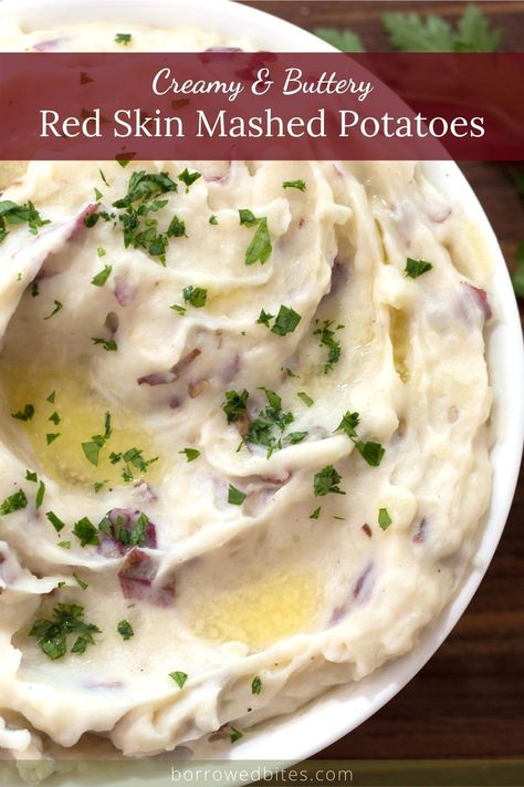 Easy, creamy, buttery red skinned mashed potatoes are simply the best! No peeling required! Great as an everyday side dish or to make holiday meals easier. #redskinnedmashedpotatoes #easy #potato #redskinnedpotatoes #sidedish #homemade #recipe #howtomake #thanksgivingrecipe #christmasrecipe #mashedpotatoes Red Skinned Mashed Potatoes, Red Skin Mashed Potatoes, Quick Easy Side Dishes, Mashed Red Potatoes, Burger Side Dishes, Red Skin Potatoes, How To Make Red, Potatoes Recipes, Side Dishes For Chicken