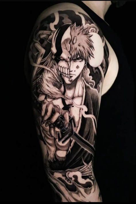 Bleach Hand Tattoo, Anime Arm Tattoo Sleeve, Japanese Tradional Tattoo, Bleach Ichigo Tattoo Ideas, Bleach Sleeve Tattoo, Bleach Tatoos Ideas, Ichigo Tattoo Design, Best Anime Tattoos For Men, Ichigo Kurosaki Tattoo