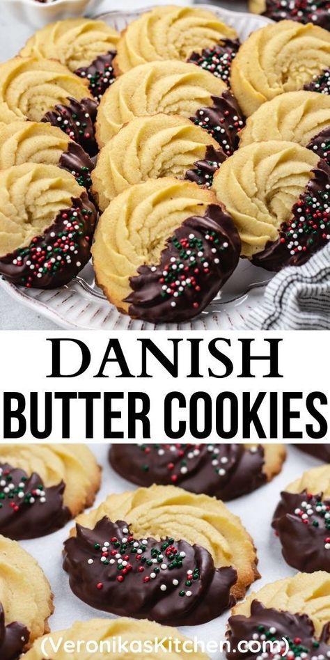 Christmas Danish Cookies, Half Dipped Cookies, Danish Cookies Recipe, Danish Butter Cookies Recipe, Christmas Butter Cookies, Homemade Danish, Christmas Butter, Danish Recipes, Christmas Cookies Recipe