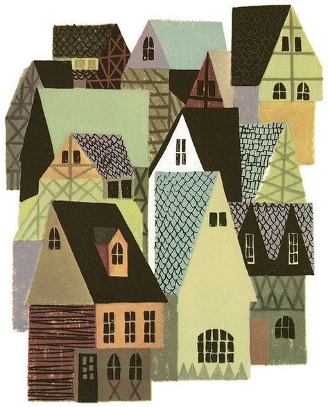 Ellen giggenbach Roof Tops, Mid Century Illustration, Wonder Book, House Illustration, House Quilts, Childrens Illustrations, Children's Book Illustration, Book Illustration, Vintage Illustration