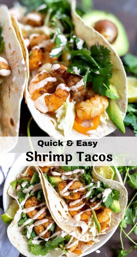 Creamy Sauce For Shrimp Tacos, Baked Shrimp Tacos Oven, Quick Shrimp Tacos, Summer Weekend Meals, Easy Shrimp Lunch Ideas, Baked Shrimp Tacos, Street Shrimp Tacos, Easy Pescatarian Meals, Easy Summer Weeknight Dinners