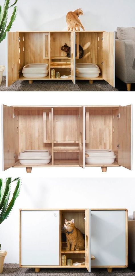 2 Litter Box Enclosure, Cat Cabinet Litter, Catbox Cabinet Ideas, Indoor Litter Box Ideas, Cat Furniture For Small Spaces, Double Cat Litter Box Ideas, Hidden Litter Box Furniture, Kitty Litter Cabinet, Multiple Cat Litter Box Ideas Hidden